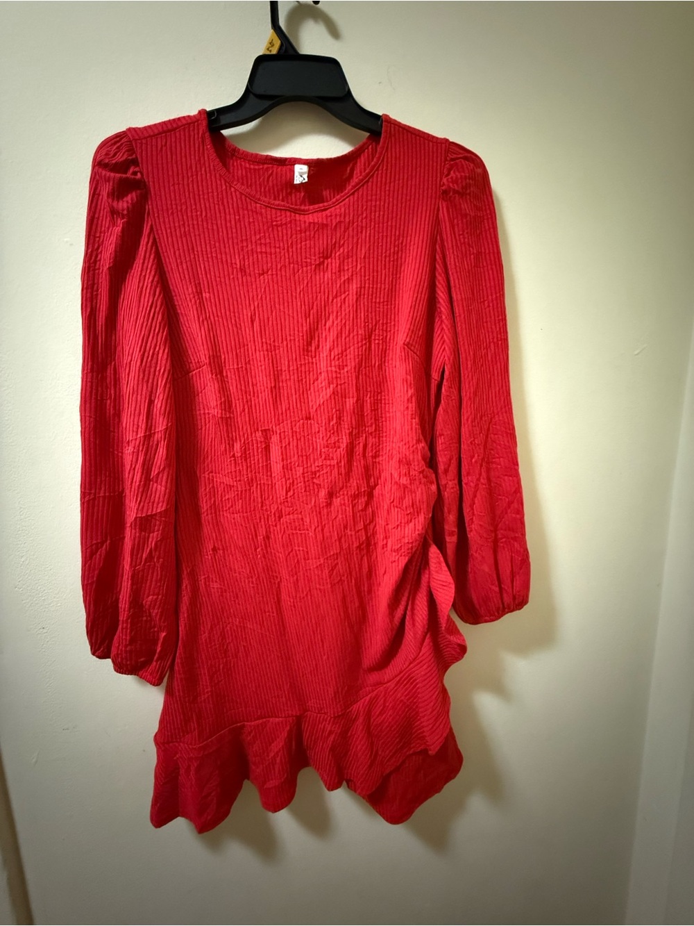 Ribbed Red Long-Sleeve Ruffle-Hem Tunic - Picture 2 of 9